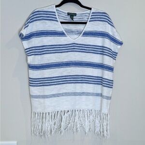 🔥Ralph Lauren Women’s Striped Blue and White Fringe Top Size M EUC🔥